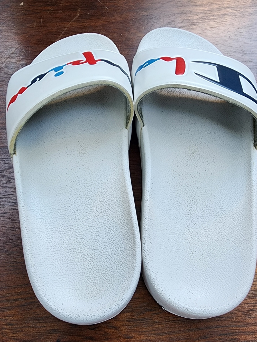 Champion White Slide Sandals Split Script Multi Color Logo Slides Shoes - Picture 6 of 7